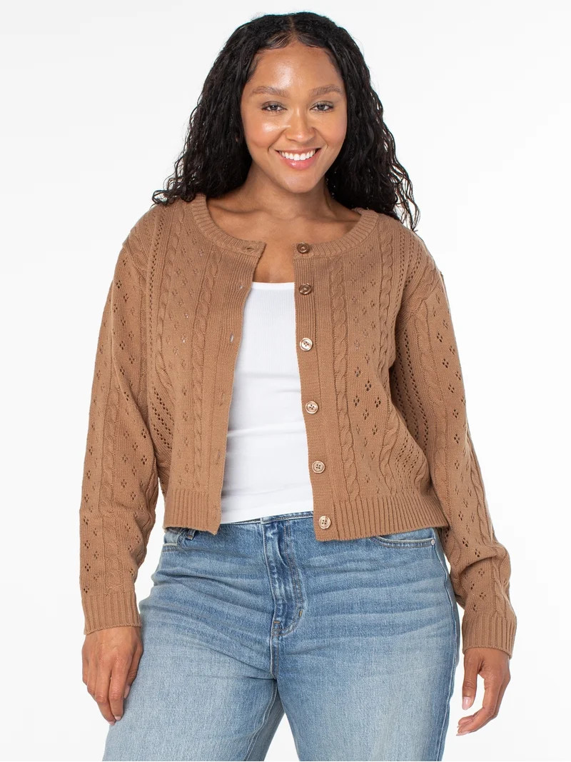 Celebrity Pink Women's Pointelle Crew Neck Cardigan Sweater, Sizes XS-XXXL | Walmart (US)