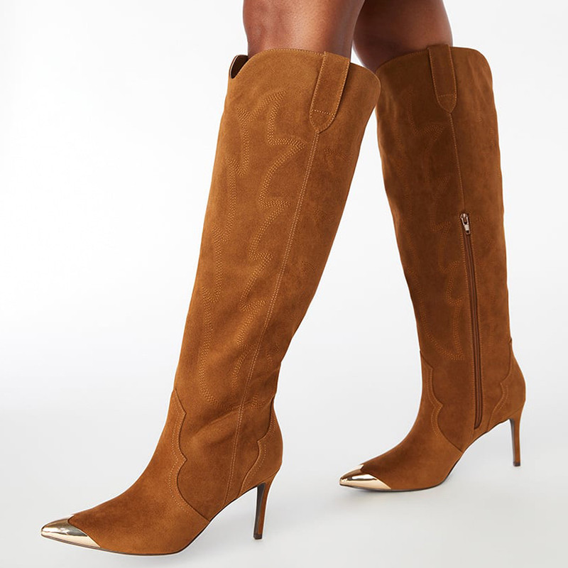Brown Vegan Suede Zipper Metal Toe Stiletto Heel Knee High Boots | FSJshoes.com