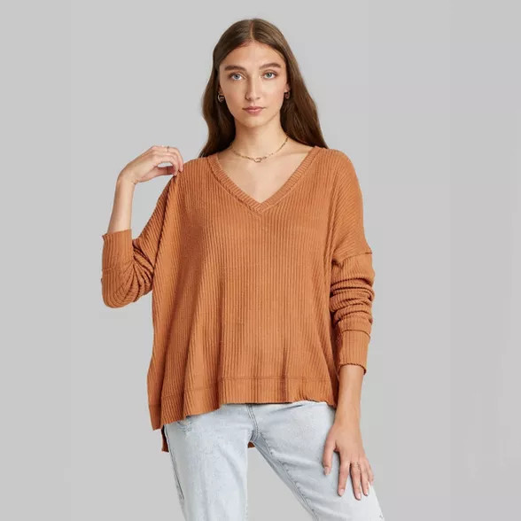 Women's Long Sleeve V-Neck Cozy Rib T-Shirt - Wild Fable™ | Target