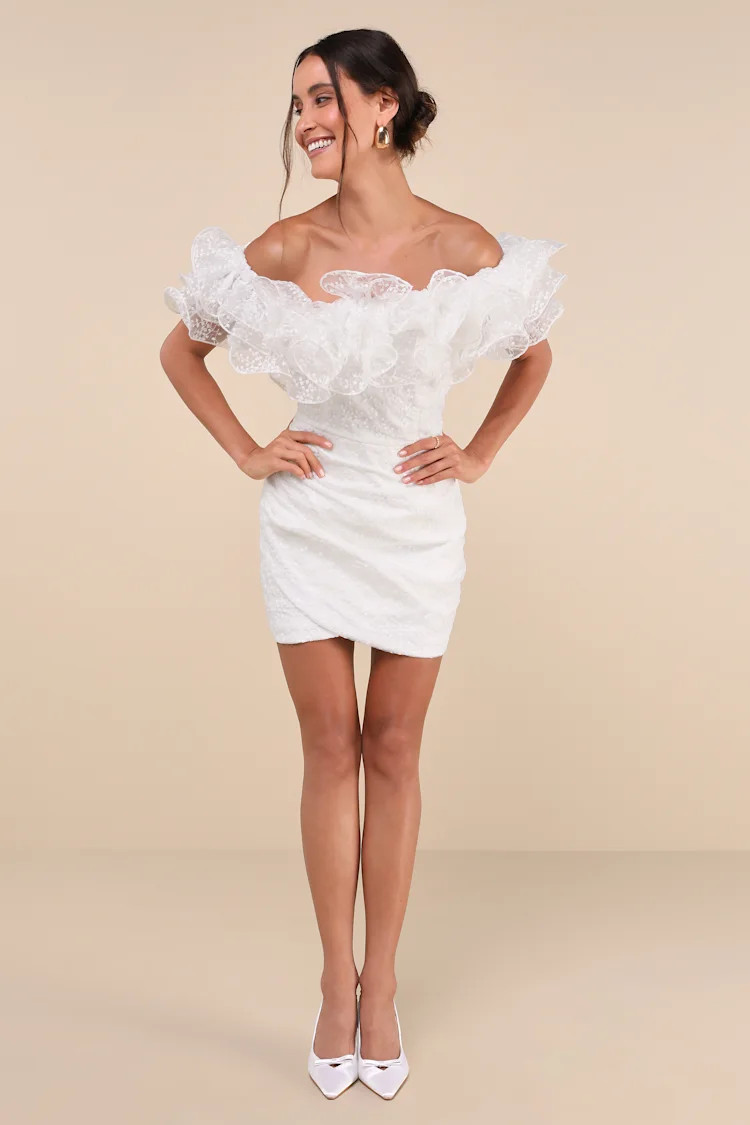 Angelic Trend White Embroidered Ruffled One-Shoulder Mini Dress | Lulus