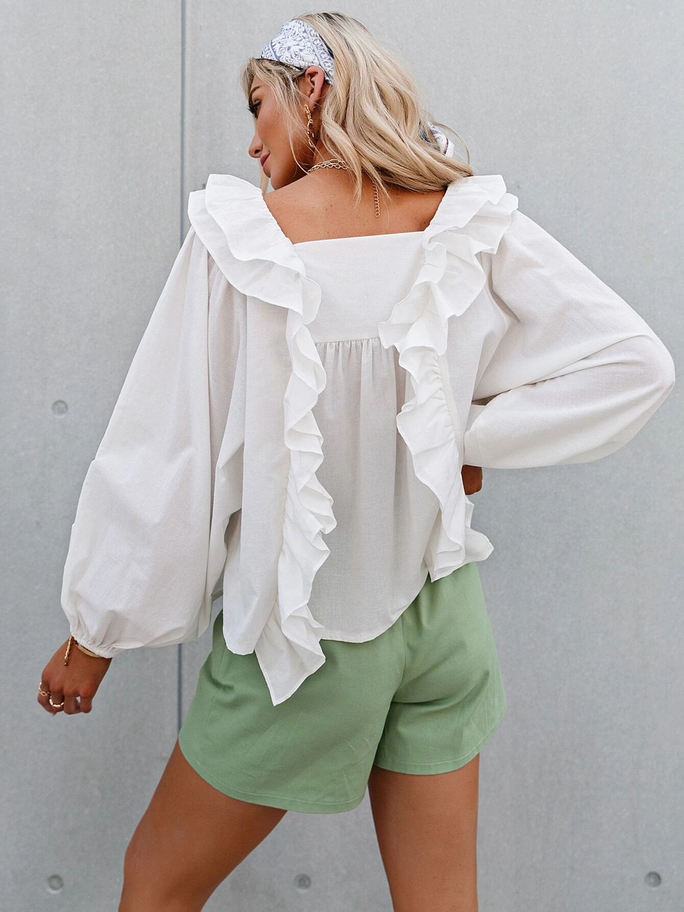 Sollinarry Lantern Sleeve Layered Ruffle Trim Top | SHEIN