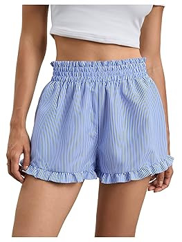 MakeMeChic Women's Gingham Ruffle Boxer Shorts Elastic High Waist Pajamas Lounge Shorts | Amazon (US)