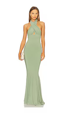 Norma Kamali Cross Halter Fishtail Gown in Vintage Green from Revolve.com | Revolve Clothing (Global)