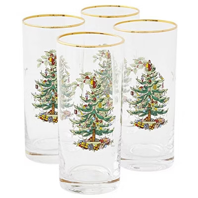 Spode Christmas Tree 15oz Highball Glasses, Set of 4 - Gold-Rimmed Elegant Holiday-Themed Glassware, Festive Holiday Drinkware for Christmas Parties | Target
