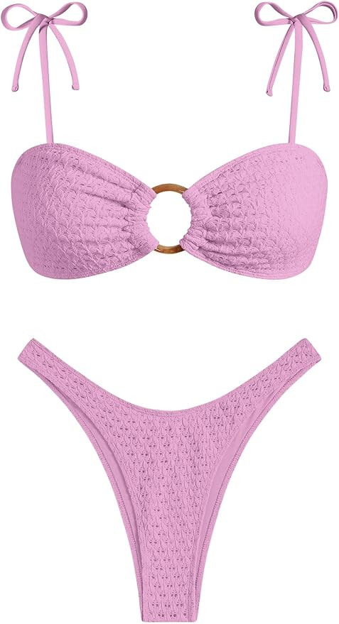 ZAFUL Women's Sexy Tie Spaghetti Strap Bikini Textured O Ring Ruched High Leg Swimsuit Cheeky Bat... | Amazon (US)