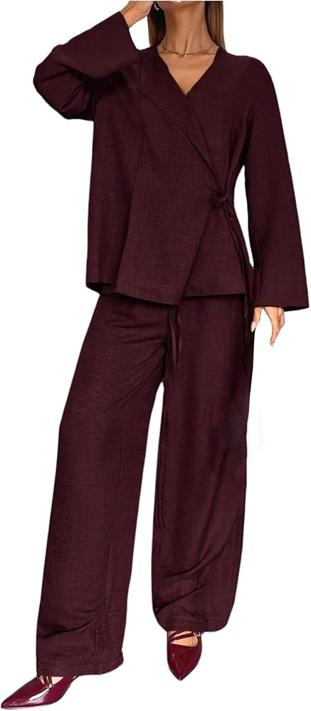 Milumia Women's 2 Piece Outfit Tie Knot Wrap V Neck Long Sleeve Shirt and Pants Sets | Amazon (US)
