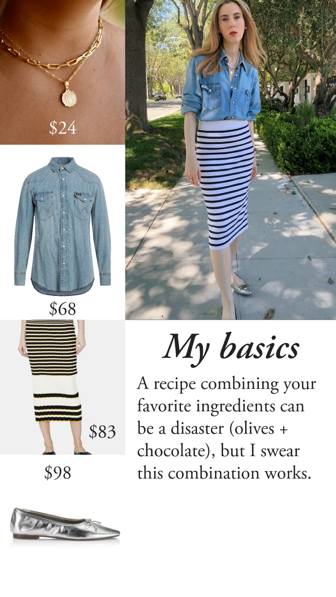I love love love this denim shirt. It’s my solution to a lot of outfit uncertainty. It’s both cool and traditional, and it drapes so lusciously. 

You know I love stripes, and this midi skirt is the perfect piece as we transition to fall. 

Metallics are my favorite neutrals. Silver ballet flats add just that hit of bling with plausible deniability for day  

#LTKunder50 #LTKFind #LTKshoecrush