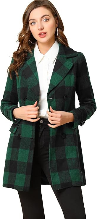 Allegra K Women's Buffalo Checks Double Breasted Notched Lapel Winter Long Plaids Trench Coat | Amazon (US)
