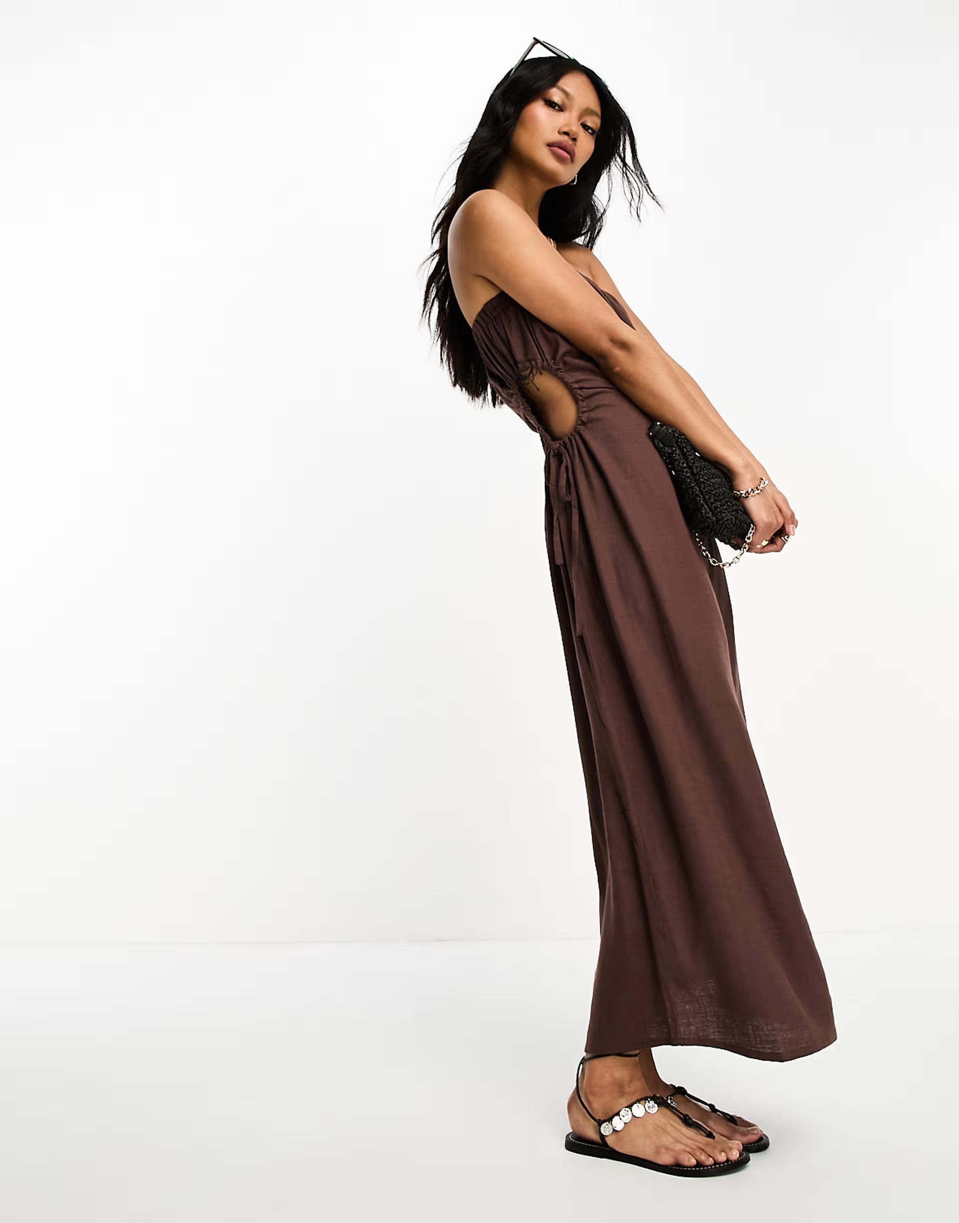 ASOS DESIGN linen bandeau midi sundress with ruched cut out detail in chocolate | ASOS (Global)