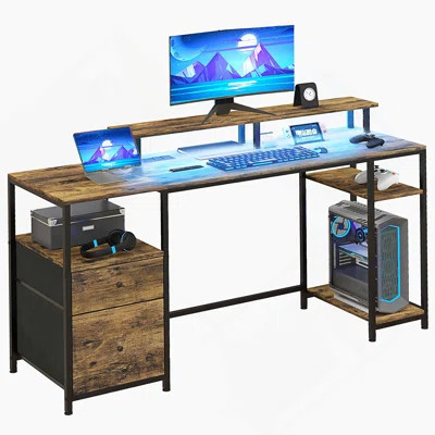 Computer Desk with LED Lights, USB Ports, Gaming Desk with Storage Shelves, Monitor Stand | Wayfair North America