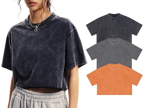 Talakeno Womens Oversized Vintage T Shirts Casual Cropped Tees Short Sleeve Cotton Acid Wash Tops Summer Grunge Shirts(3pc:Black+Grey+Orange,S) | Amazon (US)