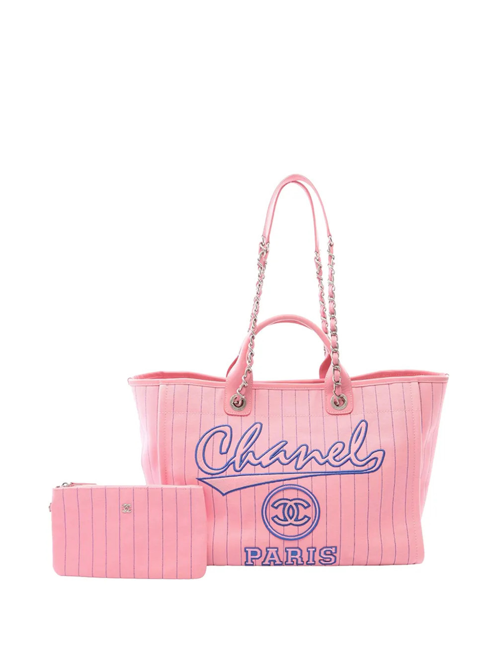 CHANEL Pre-Owned 2021-2026 Large Canvas Pinstriped Deauville tote bag - Pink | Farfetch Global