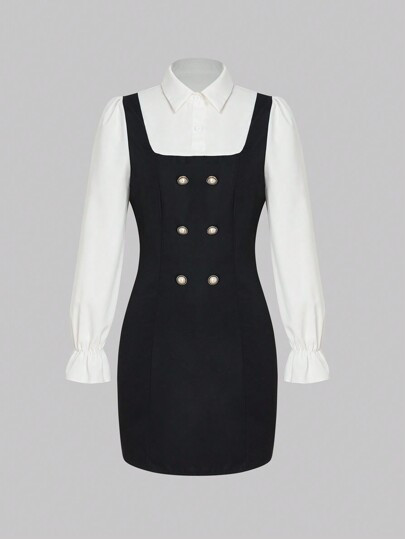 SHEIN MOD Colorblock Double Breasted 2 In 1 Dress | SHEIN