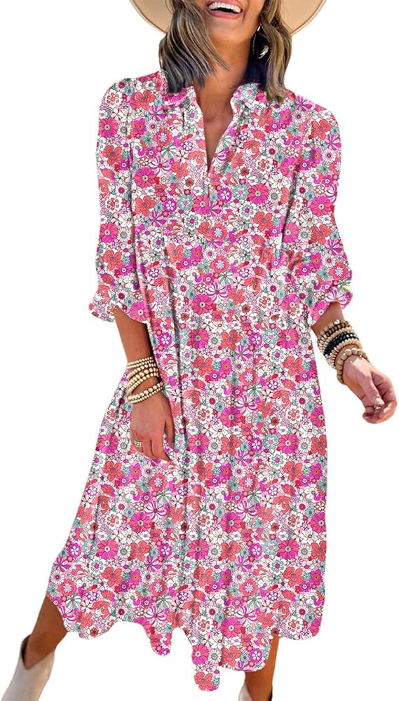 Dokotoo Women's Casual Loose Bohemian Floral Dresses 2025 Long Puff Sleeve V Neck Ruffle A Line F... | Amazon (US)