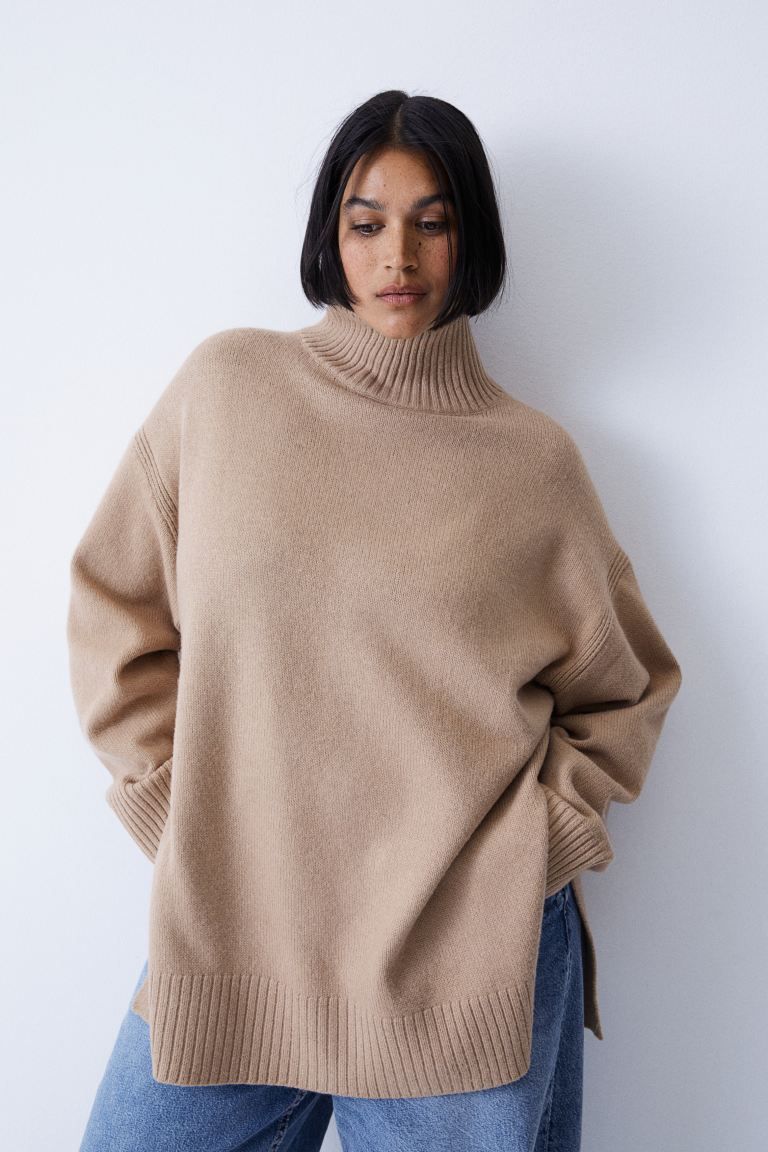 Oversized Turtleneck Sweater - Dark beige - Ladies | H&M US | H&M (US)