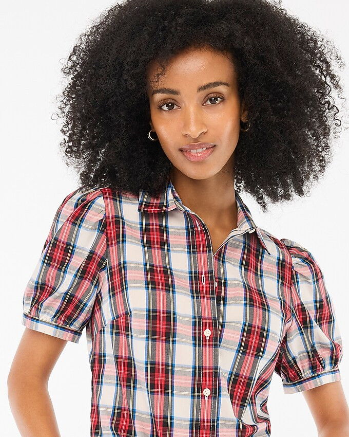 Puff-sleeve tartan button-up shirt | J.Crew Factory