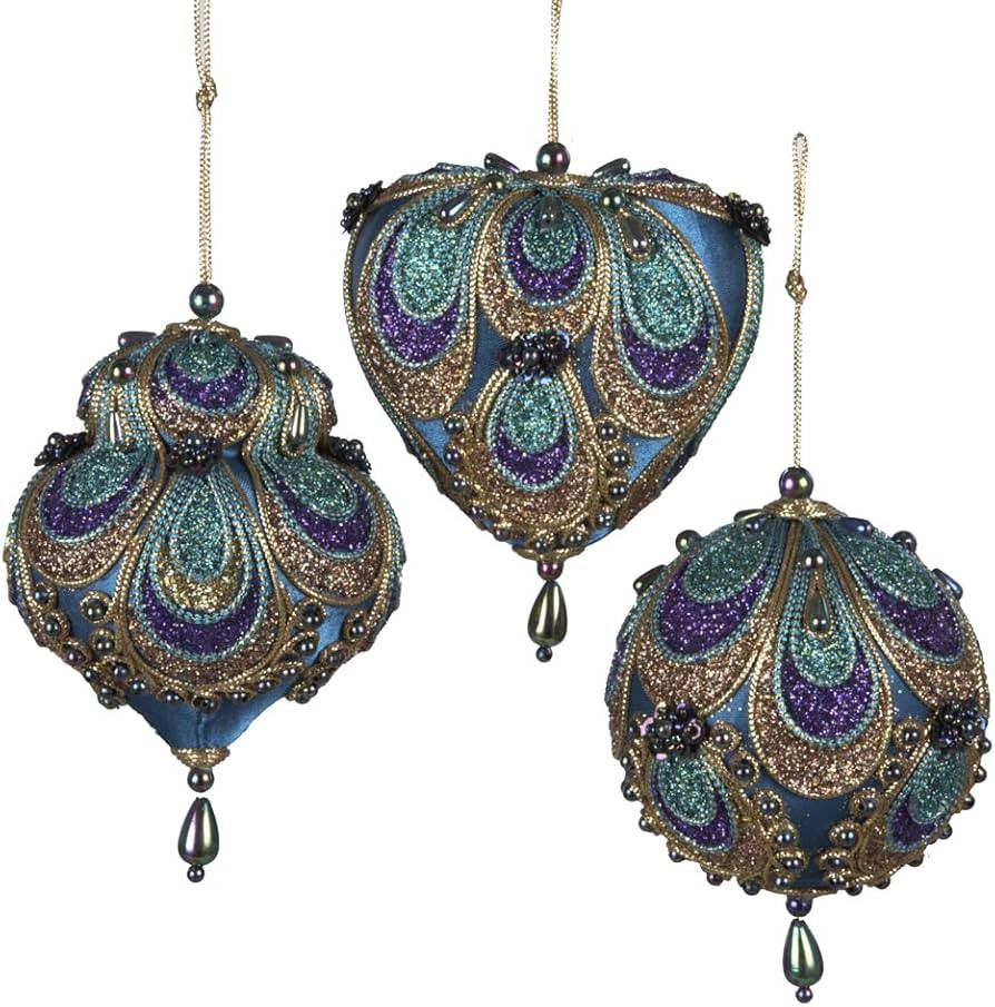 Kurt Adler 3-3.5" Aqua Satin Fabric with Gold, Purple and Green Glitters Tornasol Beads with Rayo... | Amazon (US)