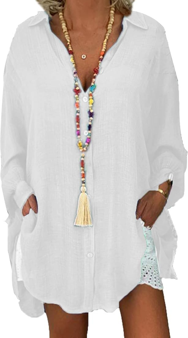 AI'MAGE Swimsuit Coverup for Women Button Down Shirt Oversize Bathing Suit Cover Ups Beach Blouse... | Amazon (US)