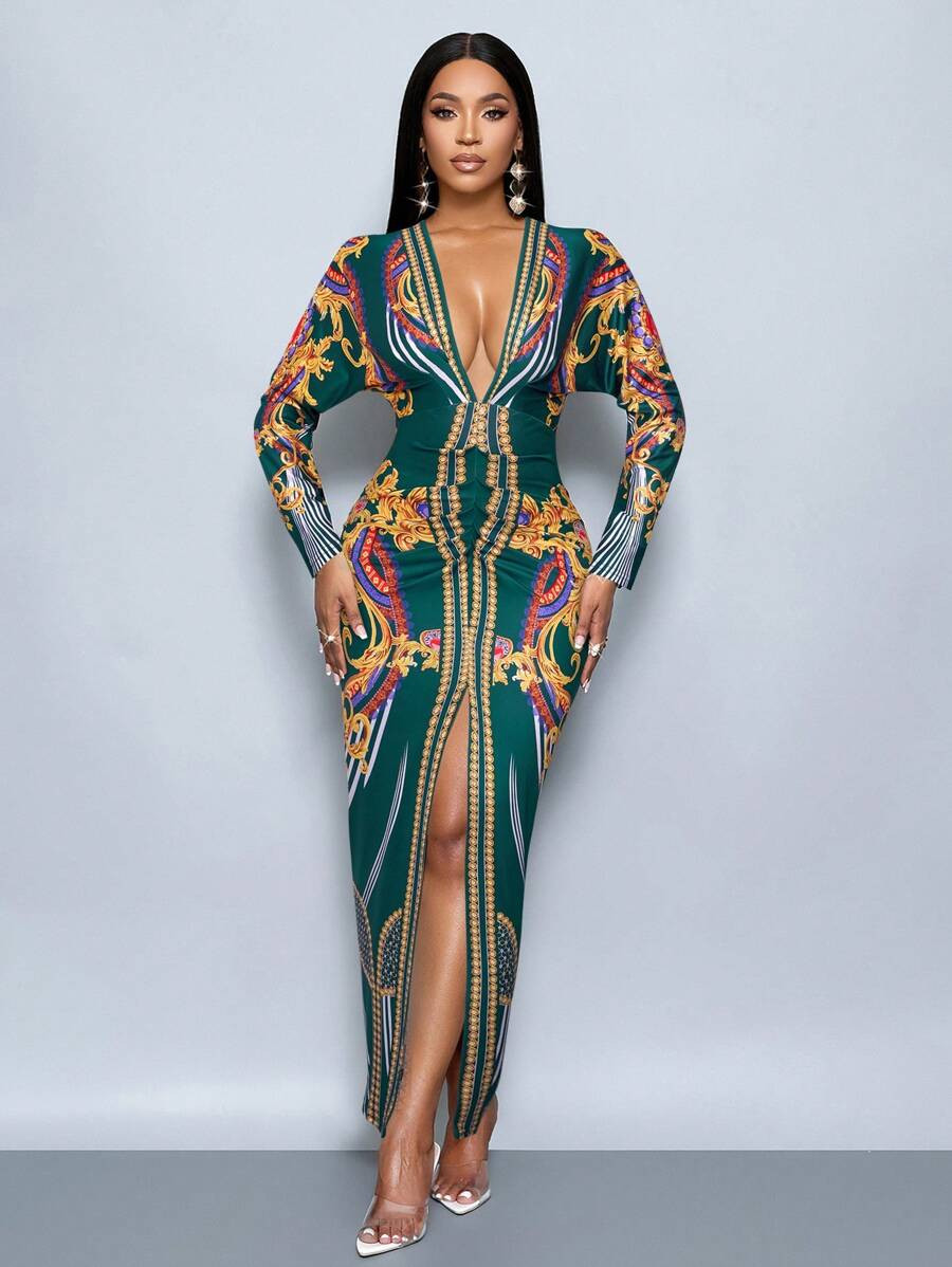 SOLERSUN Women's Chain Print Split Thigh Bodycon Dress, Sexy Deep V-Neck, High Waisted Print Long... | SHEIN