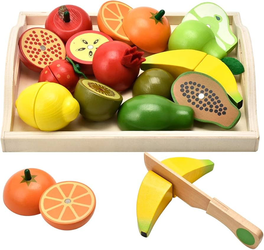 Wooden Toys for 2 Year Old - Pretend Play Food Set for Kids Play Kitchen,9 Cuttable Toy Fruit and... | Amazon (US)