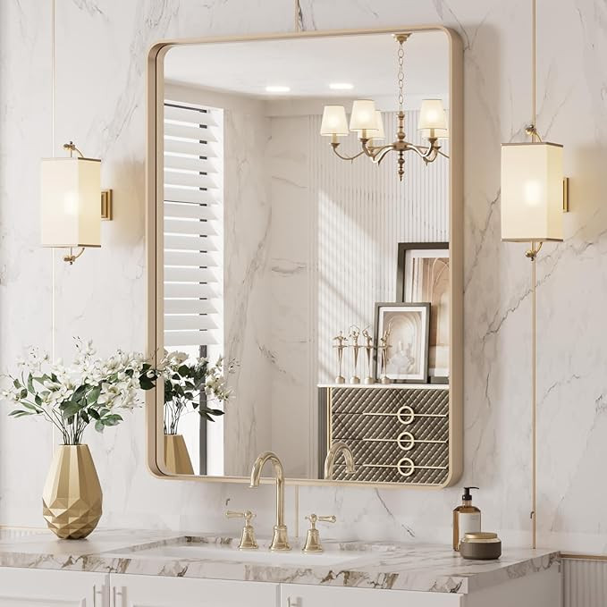 LOAAO 20”X30” Gold Bathroom Mirror, Rounded Rectangle Gold Frame Mirror, Brushed Gold Bathroo... | Amazon (US)