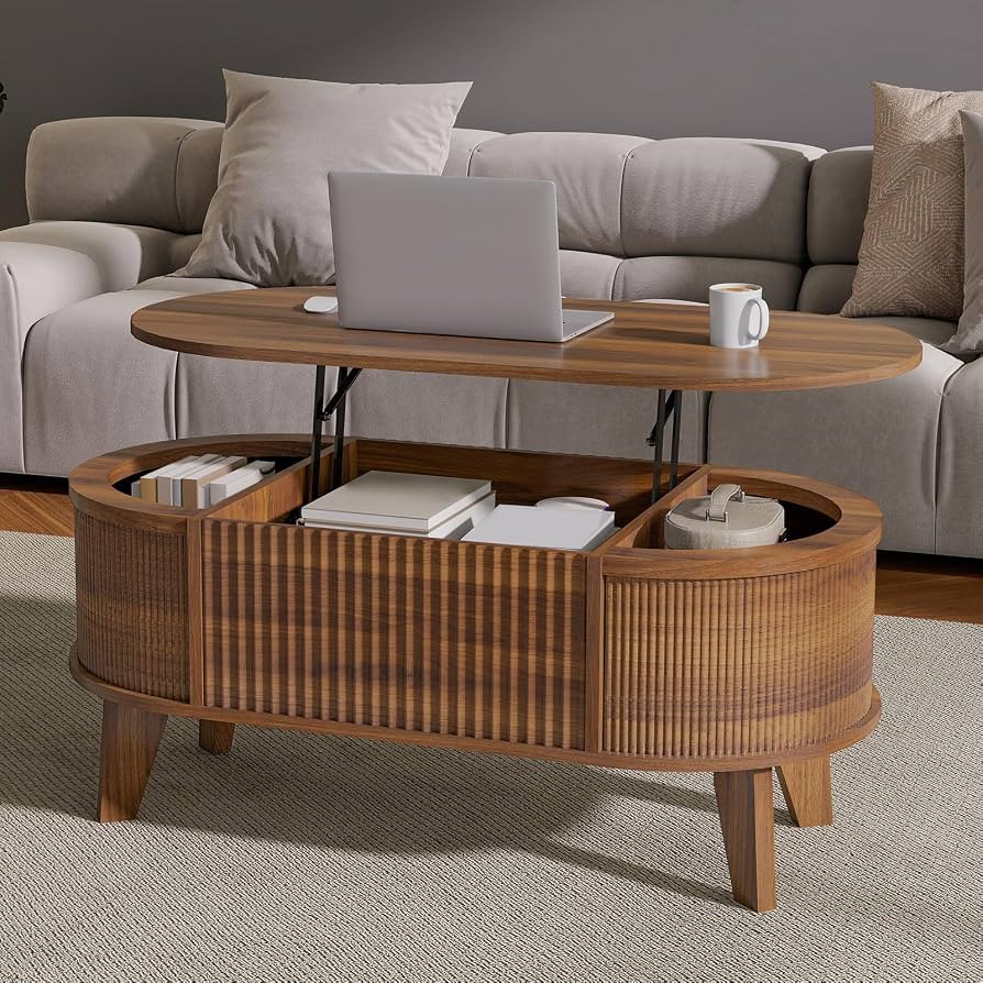 LYNCOHOME 43.3'' Fluted Lift Top Coffee Table with Storage,Modern Oval Coffee Table for Living Ro... | Amazon (US)