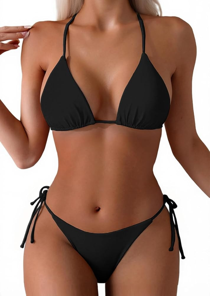 Tainehs Women's Sexy Halter Thong Bikini Tie Two Sides Bottom Triangle Bikini Swimsuits | Amazon (US)