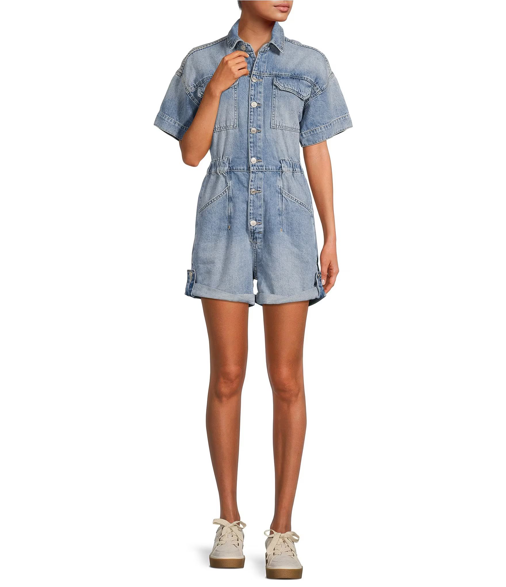 Free People Marci Soft Stretch Denim Point Collar Short Cuffed Sleeve Romper | Dillard's | Dillard's