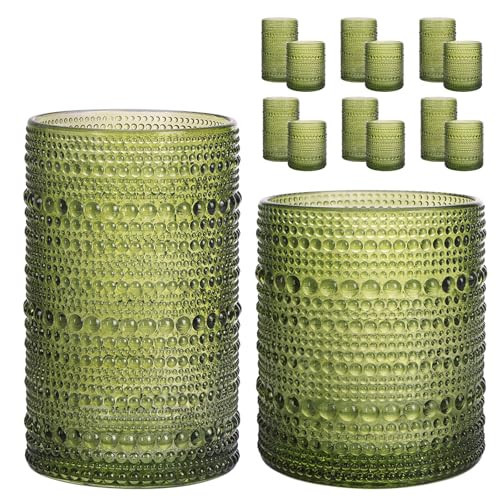 Moretoes Hobnail Drinking Glasses, 12 Piece Green Water Glass Cups, Mixed Vintage Glassware Set, 6pcs 12oz Highballs and 6pcs 10oz Old Fashioned Glasses, Great for Cocktail, Whisky and Other Beverages | Amazon (US)