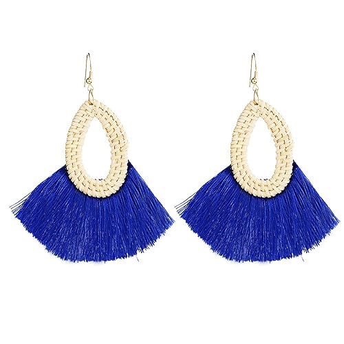 Statement Colourful Tassel Earrings Summer Rattan Fringe Drop Dangle Earrings for Women Grils | Amazon (US)