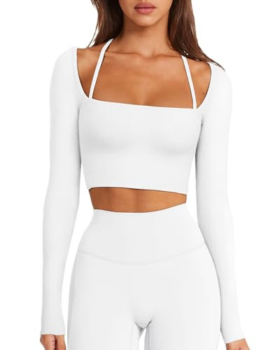 LASLULU Long Sleeve Workout Tops for Women Sexy Square Neck Crop Tops Cropped T Shirts Exercise Fall Tops with Built in Bra(White,Medium) | Amazon (US)