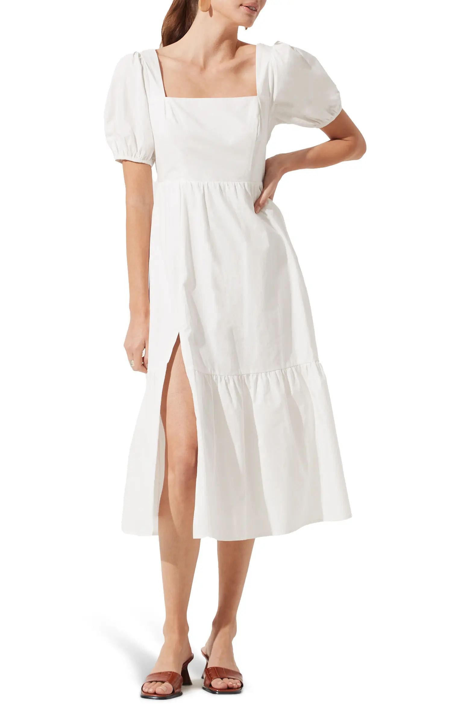 Astr Poplin Puff Sleeve Tiered Midi Dress | Nordstrom Rack