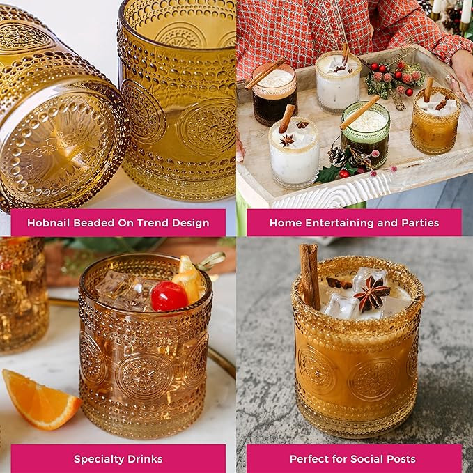 Kate Aspen Hobnail Beaded Floral Amber Drinking Glasses Set of 6, (10 oz) Vintage Glassware Set C... | Amazon (US)