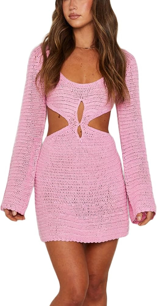 ROAONOCOMO Women Crochet Knit Bodycon Mini Dresses Hollow Out Open Back Short Dresses Y2K Cover U... | Amazon (US)