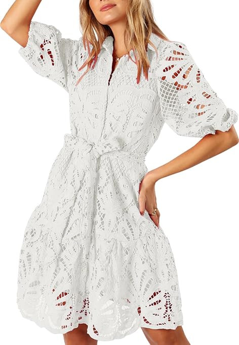 Women's Summer Hollow Out Lace Mini Dress Lantern Sleeve Lapel Button Ruffle Casual Beach Party D... | Amazon (US)
