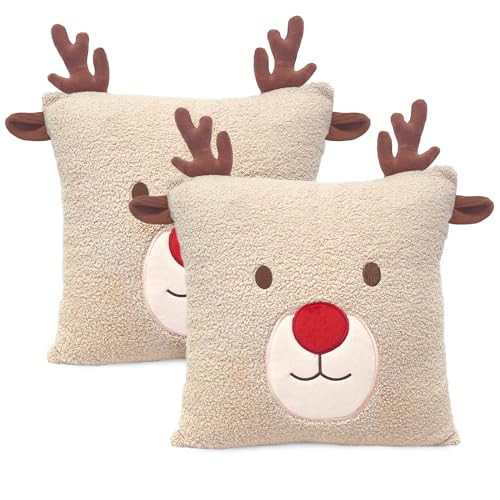 BirdNest Elk Christmas Throw Pillow Covers 18x18 inch Reindeer Pillowcases 3D Embroidery Deer Decorative Cushion Cover Xmas Decorations for Sofa Couch 2Pack (Khaki) | Amazon (US)