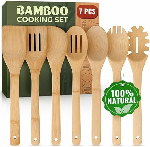 Wooden Utensil Set, Bamboo Utensils – 7 PCs Wood Spoons for Cooking, Easy to Clean, Sturdy, Lig... | Amazon (US)