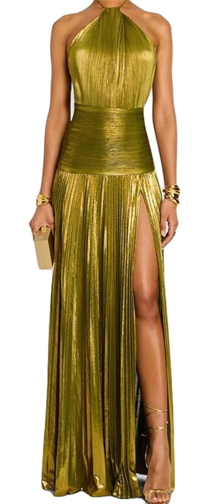 Women's Sleeveless Halter Ribbed Satin Bodycon Pleated Split Sexy Nightclub Party Dress | Amazon (US)