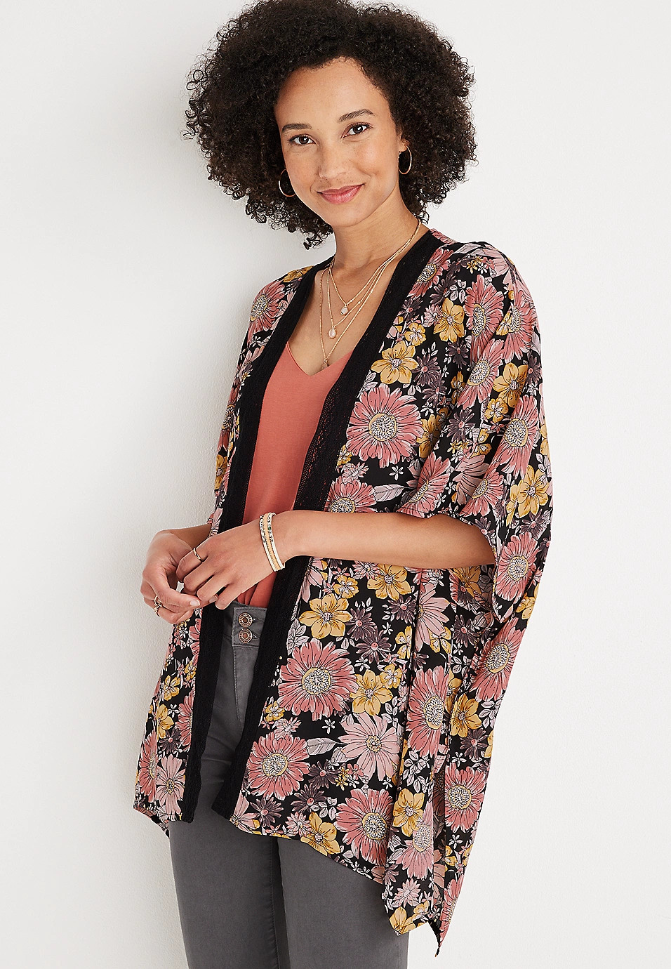 Black Crochet Border Floral Print Ruana | Maurices