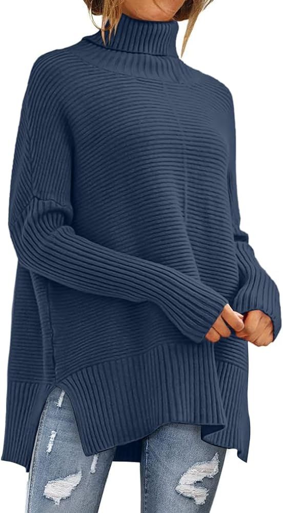 ANRABESS Womens 2023 Fall Sweaters Oversized Turtleneck Long Batwing Sleeve Split Hem Pullover Knit  | Amazon (US)