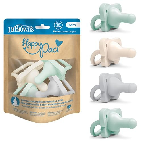 Dr. Brown's HappyPaci 100% Silicone Baby Pacifier, Contoured One-Piece Design, Gray, Green, Ecru, 0-6m, BPA-Free, 4-Pack | Amazon (US)