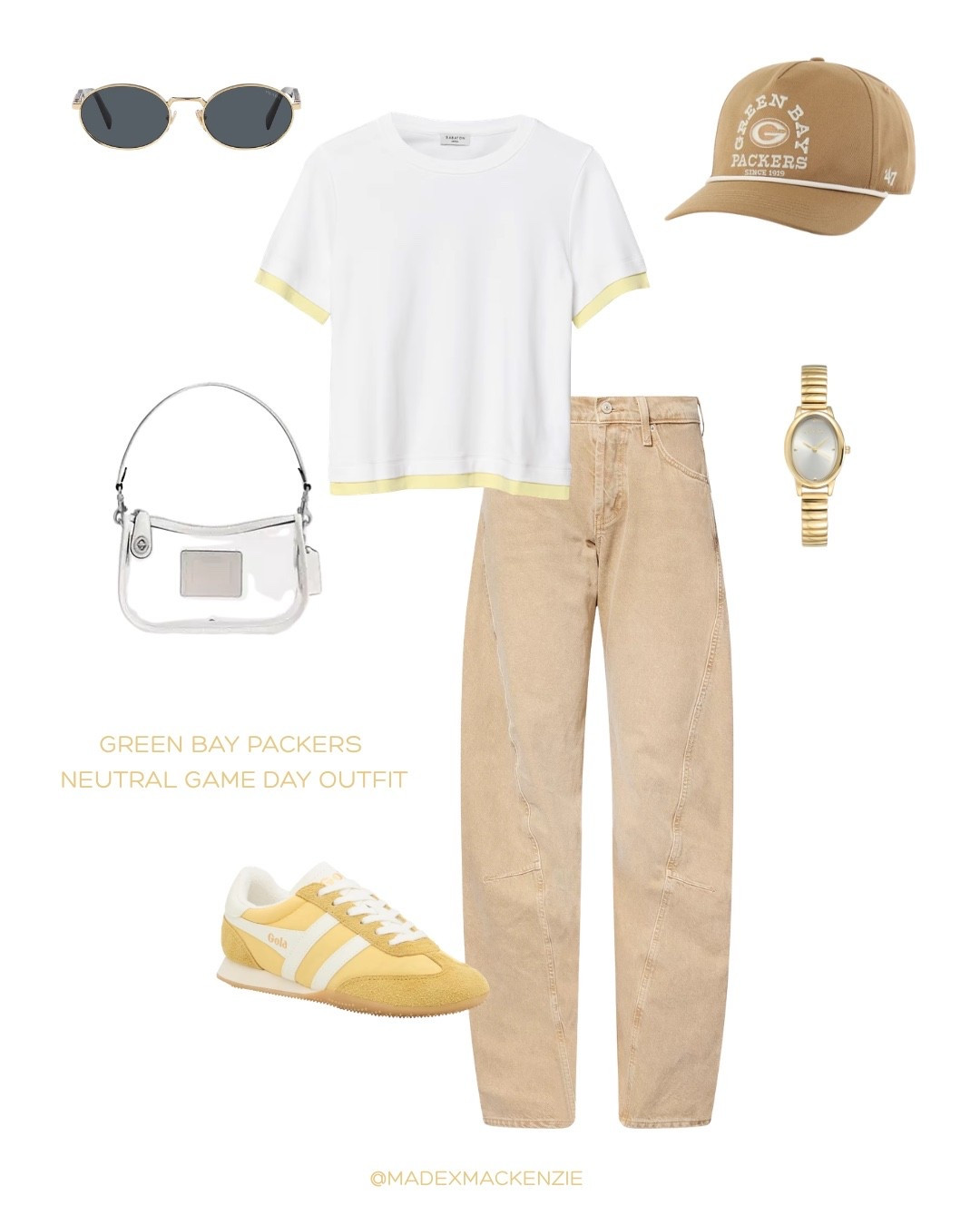 Neutral Green Bay Packers game day outfit 💛 This neutral outfit is perfect for football season whether you’re heading to Lambeau Field, a tailgate, or watching from home. 

T-shirt is Aritzia InterLock Cotton Function T-Shirt in white/lemonade 
Hat is Packers Pro Shop ‘47 Canyon Ranchero Hitch Cap