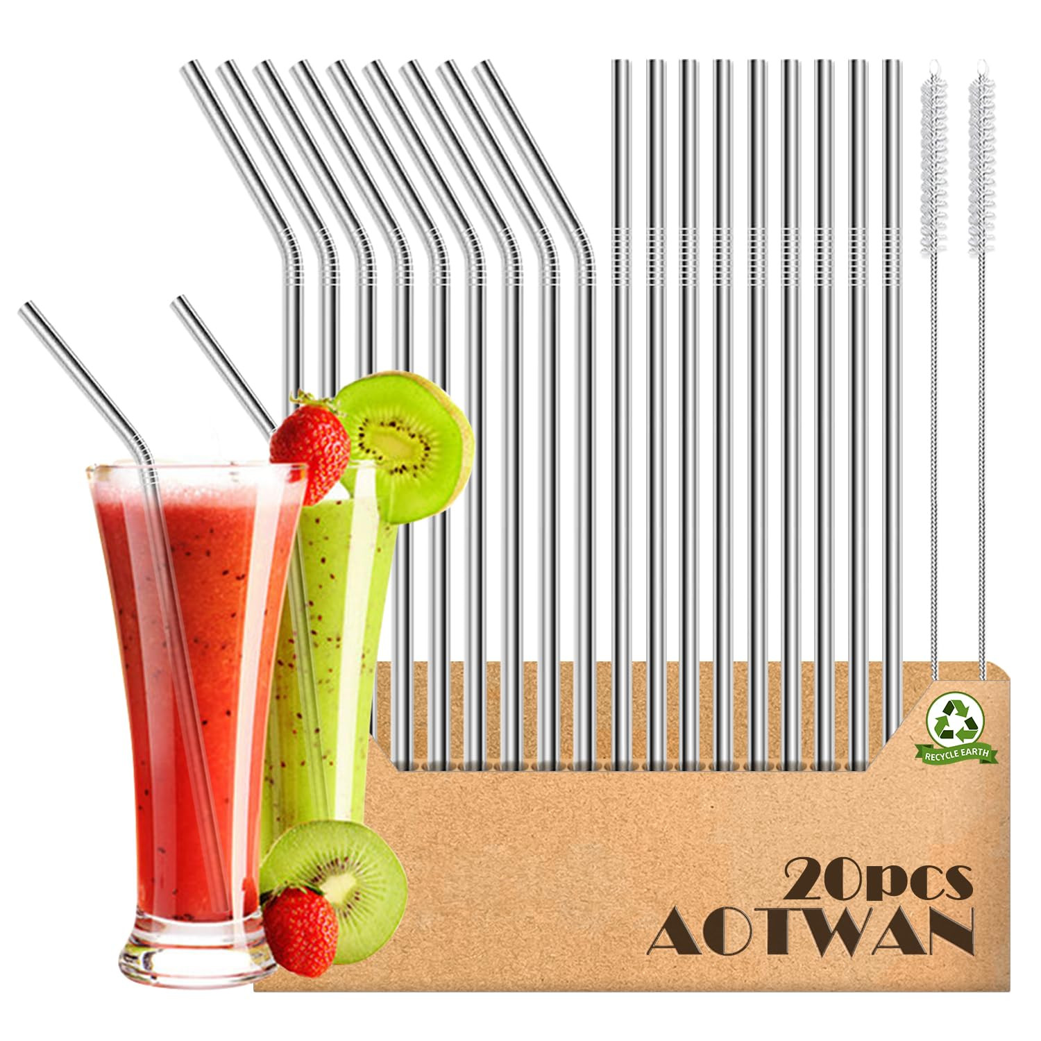 AOTWAN 20-Pack Reusable Stainless Steel Metal Straws, 9 Straight + 9 Bent 8.5'' Metal Straws for ... | Amazon (US)
