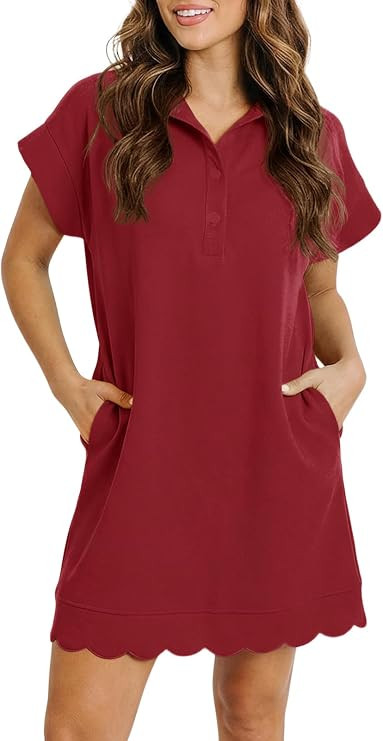 Fisoew Womens Casual T Shirt Mini Dress Athletic Collared V Neck Dresses | Short Sleeve, Button, ... | Amazon (US)
