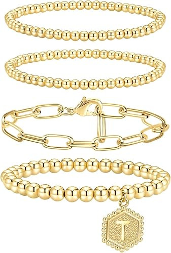 doubgood Gold Bracelets for Women, 14K Gold Plated Stackable Initial Beaded Bracelet with Letter ... | Amazon (US)