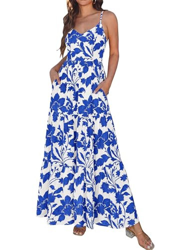 KIRUNDO Women's Summer Hawaiian Print Beach Spaghetti Strap Long Flowy Maxi Dress 2026 Spring Boho Floral Vacation Sundress(White Blue Flower, X-Large) | Amazon (US)