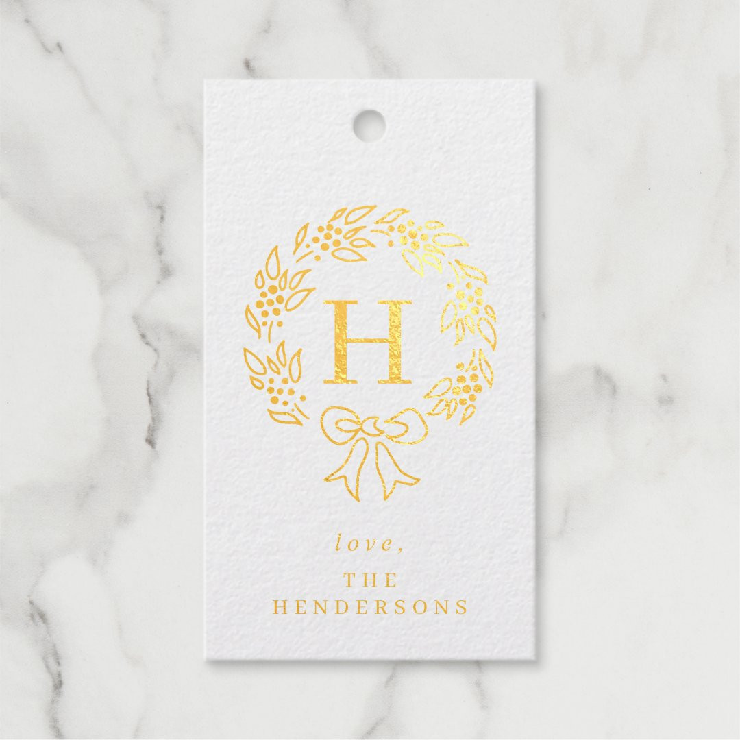 Holiday Bow Wreath Family Monogram Foil Gift Tags | Zazzle | Zazzle