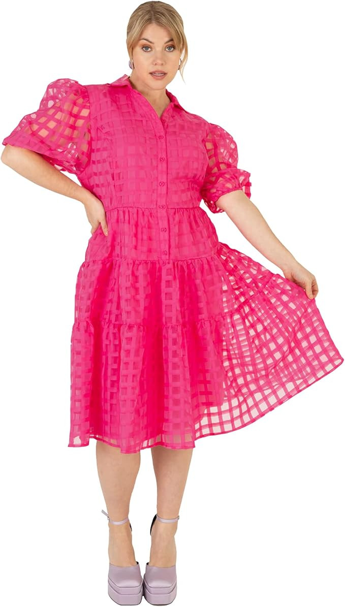 Lovedrobe Women's Ladies Midi Dress with Buttons Puffed Short Sleeves Collar a Line Mesh Organza ... | Amazon (UK)