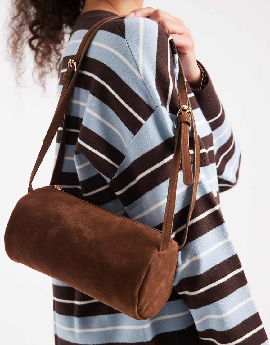PASQ faux suede dual strap barrel bag in dark brown | ASOS (Global)