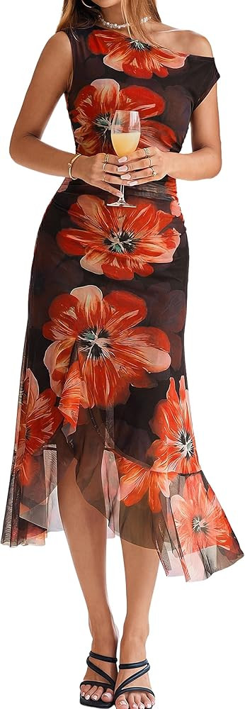 BerryGo Women Summer One Shoulder Maxi Dress Floral Ruched Mesh Bodycon Asymmetrical Date Night F... | Amazon (US)